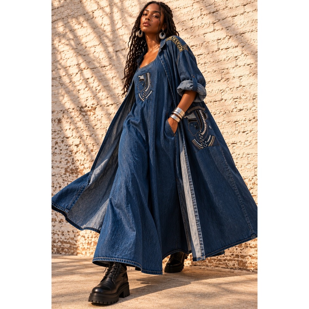 Vintage Kirpa Blue Denim Two Piece Dress Duster Egyptian Embroidered Set 90s 3X